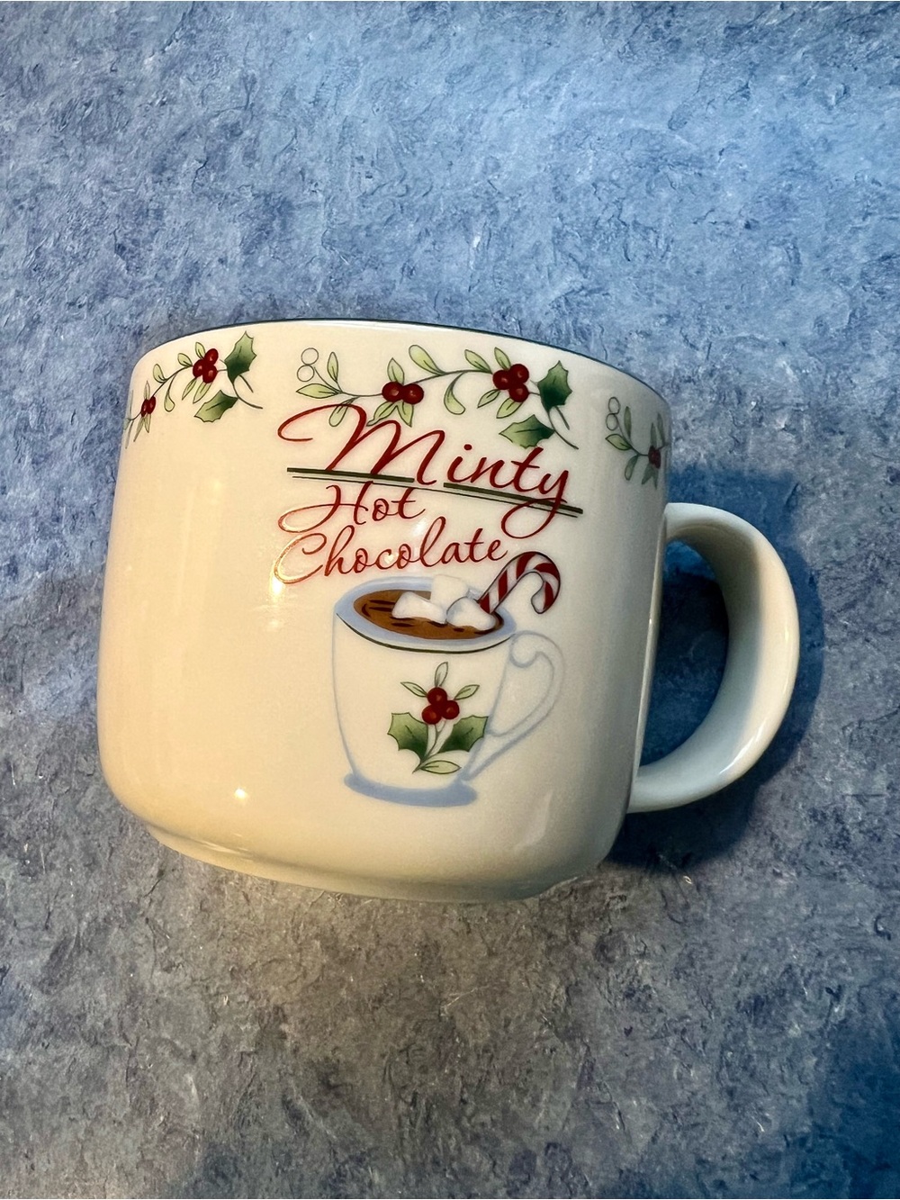Minty Hot Chocolate Ceramic Mug - White with Holiday Holly Design